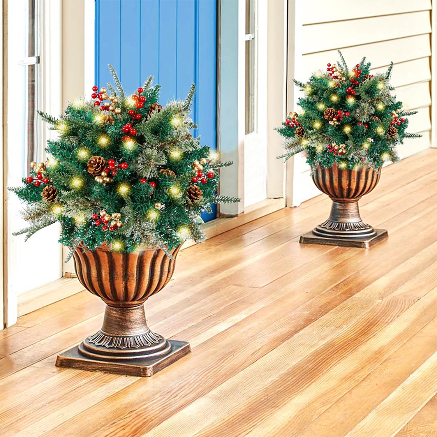 Weihnachtliche Urnen-Deko mit LED-Lichtern | Realistische Tannenzweige & Beeren | Innen- und Außenbereich