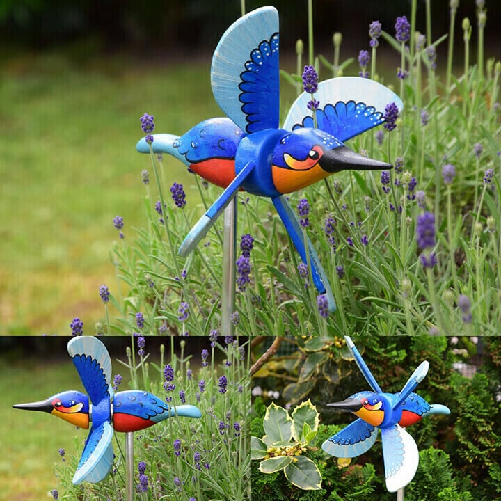 Handgefertigtes Windspiel Vogel-Windmühle | Gartendeko mit Edelstahl-Stab | Verschiedene Designs