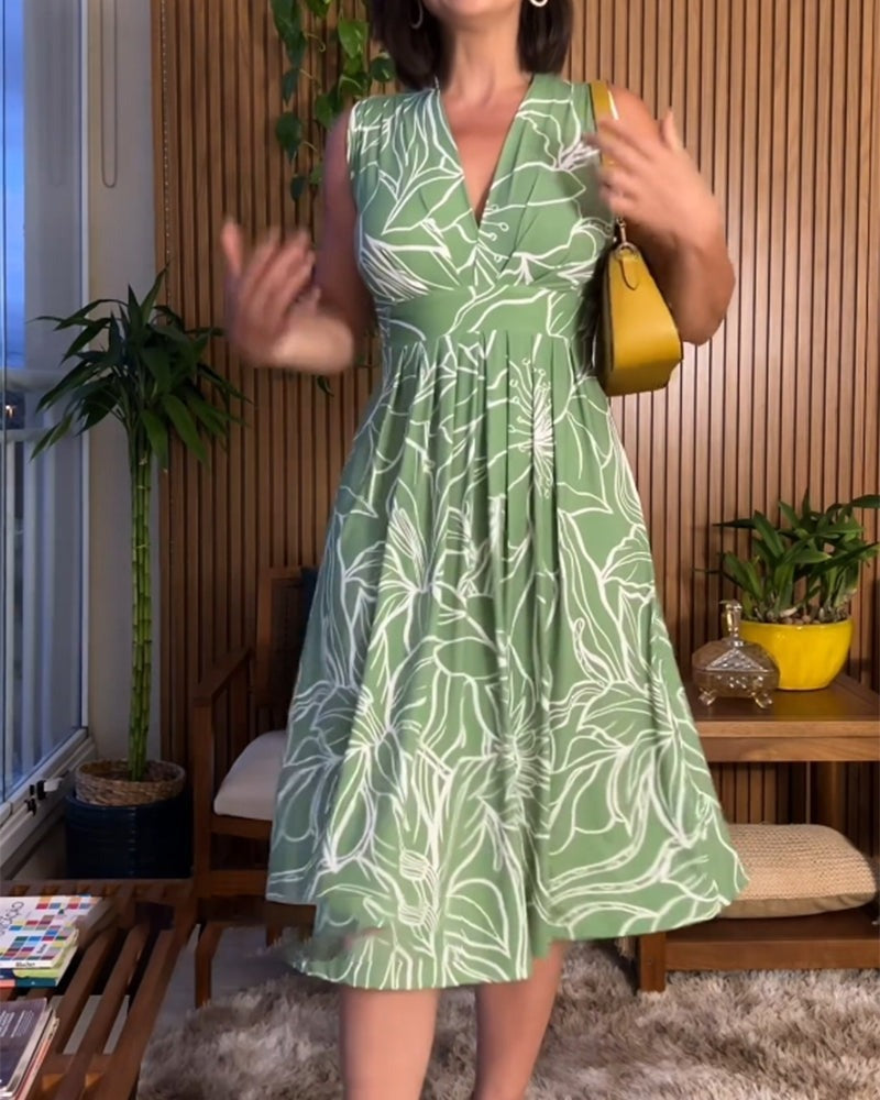 Damen Sommerkleid Rhea | Ärmellos mit V-Ausschnitt | Tailliert & Bedruckt | Knielang & Bequem