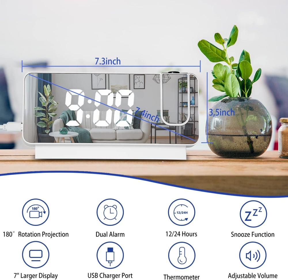 Projektionswecker | LED-Spiegeldisplay | 180° drehbare Projektion | Doppelalarm & Raumklimadisplay