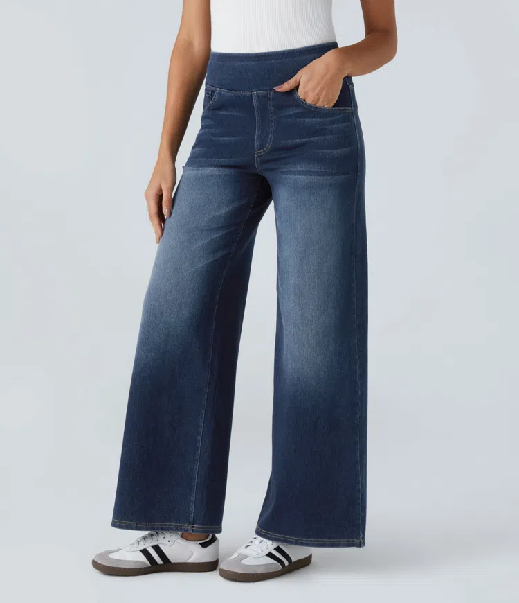 Damen Jeans mit hohem Bund | Super Stretch Stoff | Weites Bein | Bequeme Passform | Zeitloser Stil