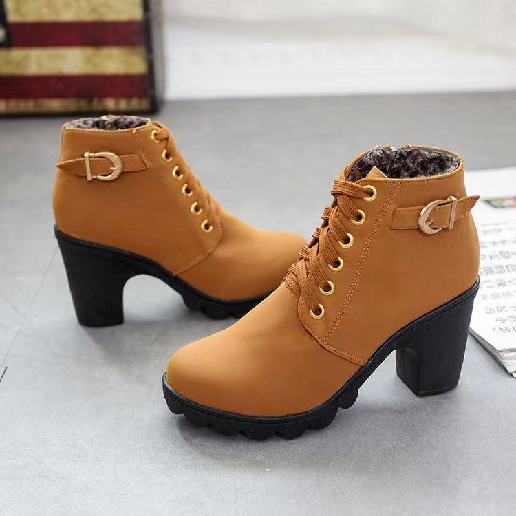 Damen Stiefeletten mit Blockabsatz | Warm Gefüttert | Rutschfeste Sohle | Goldene Details