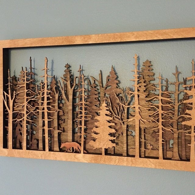 Wanddeko Waldszene mit Fuchs | 7-lagige Lasercut Holzkunst | Baltische Birke