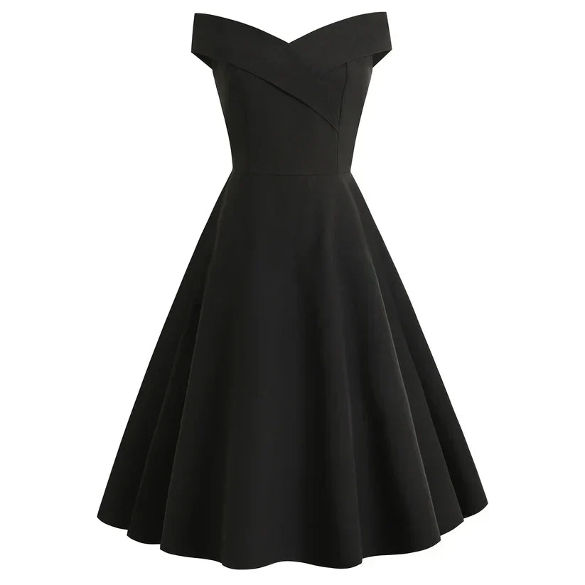 Damen Off-Shoulder Vintage A-Linien Kleid | Midi