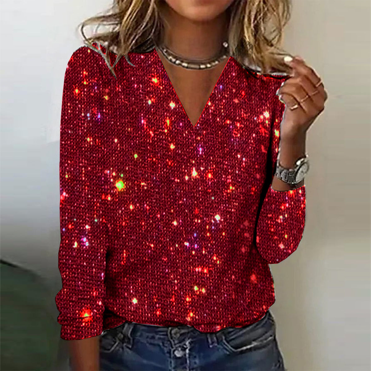 Damen Bluse | V-Ausschnitt | Pailletten-Details | Lange Ärmel