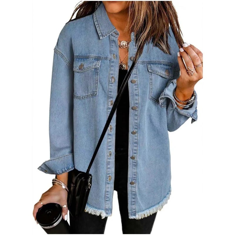Damen Jeansjacke im Straßenstil | Design mit rohem, aufgerissenem Rand | Mehrere Taschen | Baumwollmix