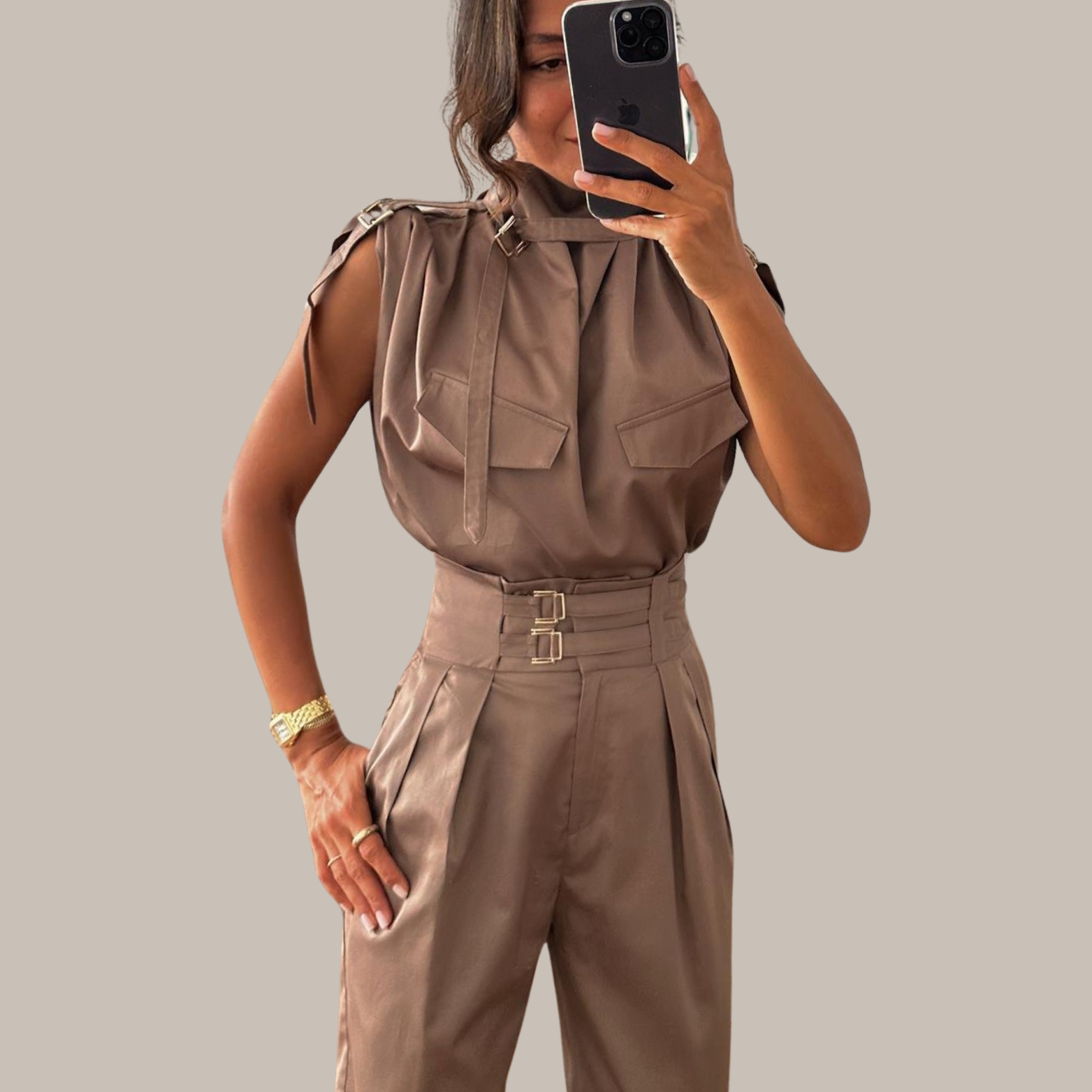 Damen Zweiteiler mit Rollkragen & Gürtel | High-Waist Hose | Eleganter Look