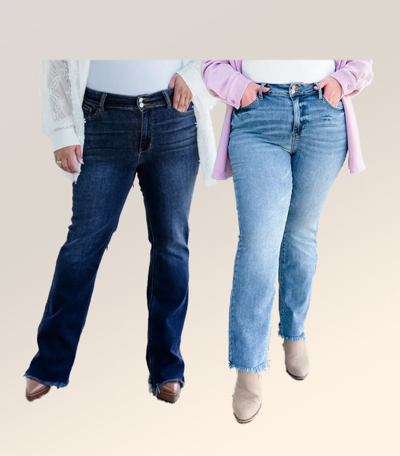 Damen Bootcut Jeans | Hohe Taille | Stretch Denim mit Fransen-Saum | Figurbetonte Passform