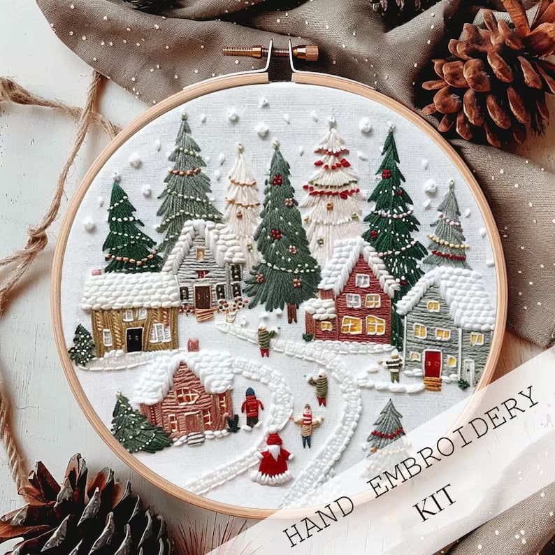 Stickset Winter Schneedorf | Komplettset mit Stickrahmen, Garn & Anleitung | Anfängerfreundlich