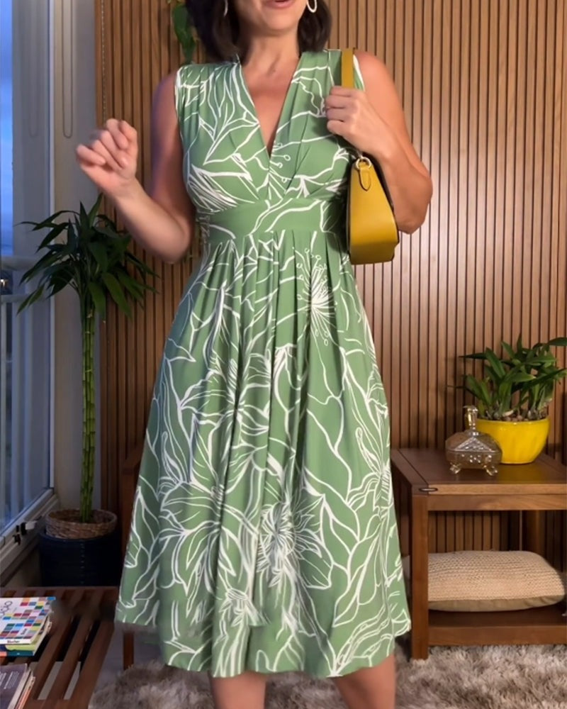 Damen Sommerkleid Rhea | Ärmellos mit V-Ausschnitt | Tailliert & Bedruckt | Knielang & Bequem
