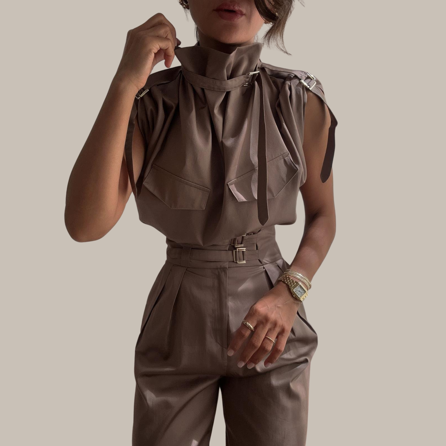 Damen Zweiteiler mit Rollkragen & Gürtel | High-Waist Hose | Eleganter Look