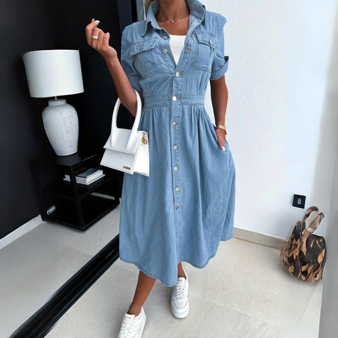 Damen Midikleid | Denim Elegance | Knopfleiste | Hochwertiger Jeansstoff