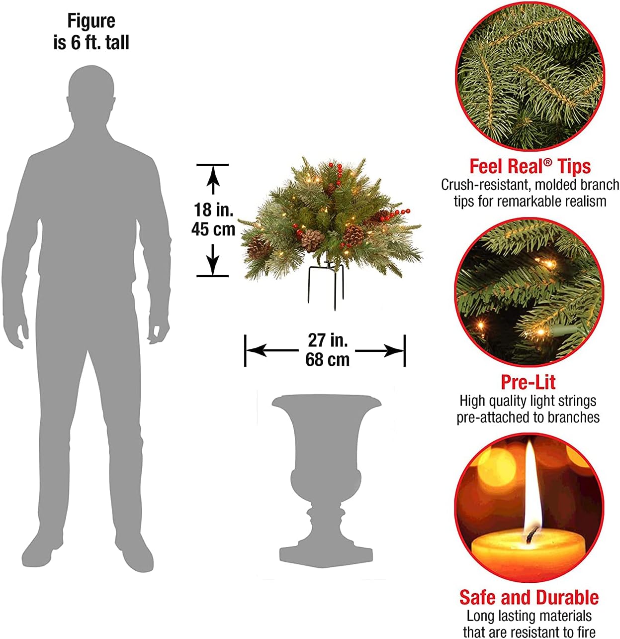 Weihnachtliche Urnen-Deko mit LED-Lichtern | Realistische Tannenzweige & Beeren | Innen- und Außenbereich