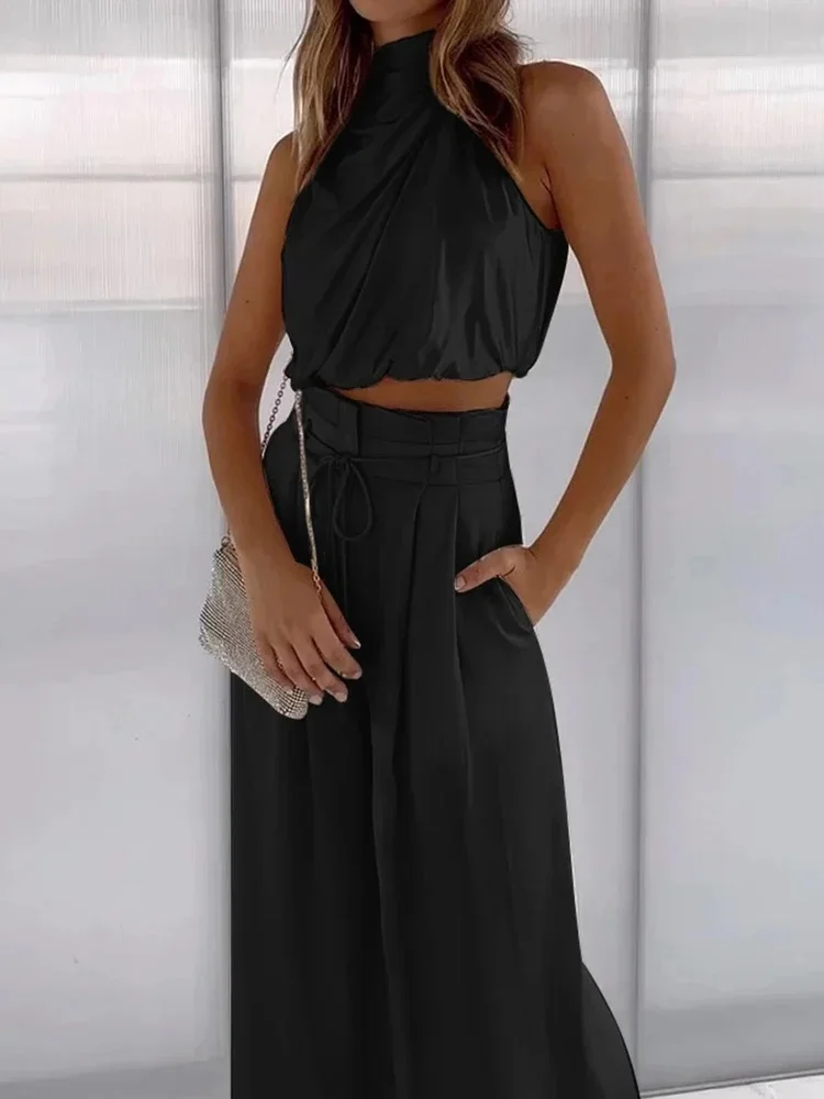 Damen Sommer Zweiteiler Set | Satin Plissee Crop Top & Hose mit weitem Bein | Luftig & Elegant