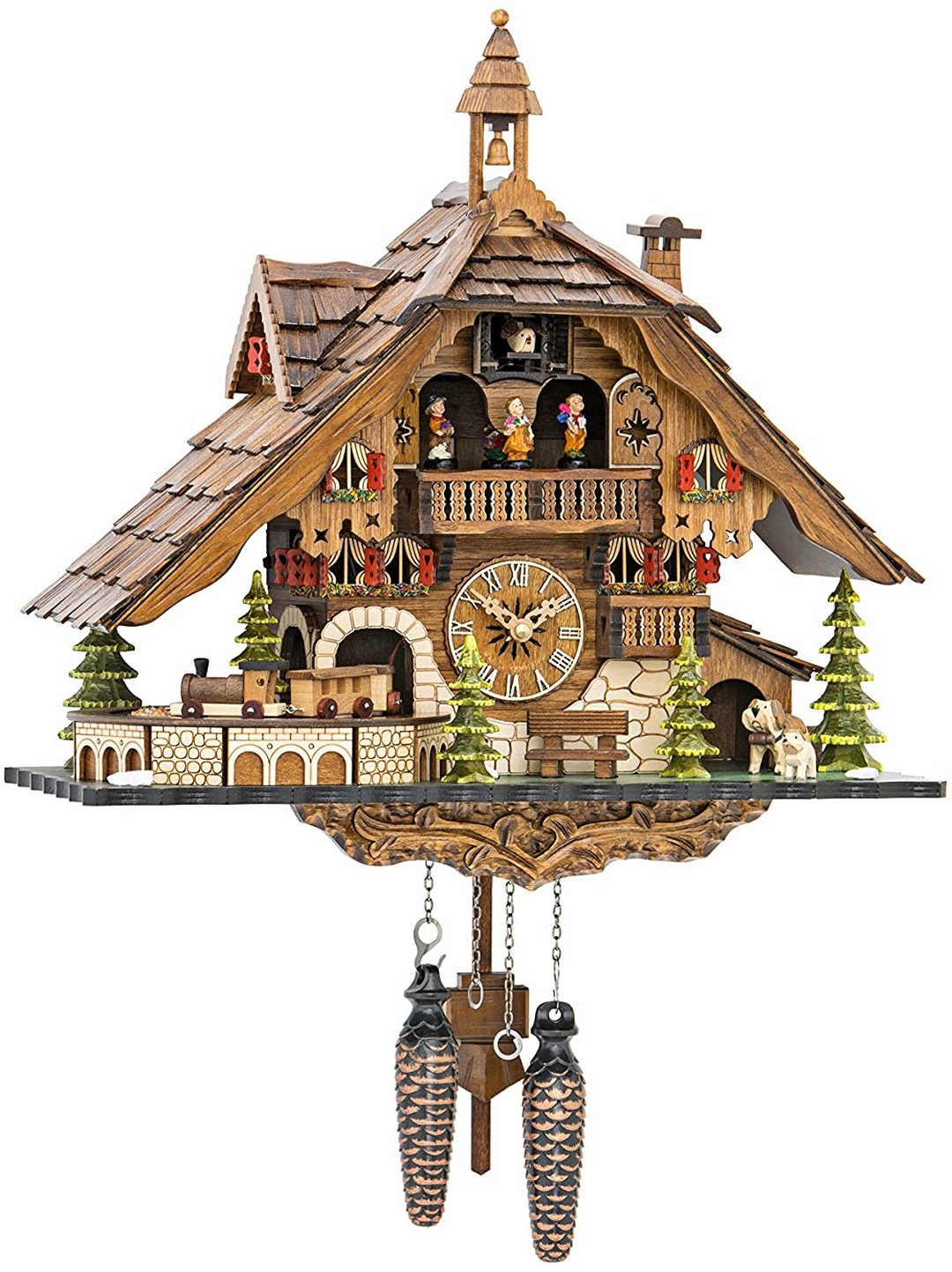 Traditionelle Kuckucksuhr | Handgefertigt aus Schwarzwald-Holz | Chalet-Design mit Musik & Figuren