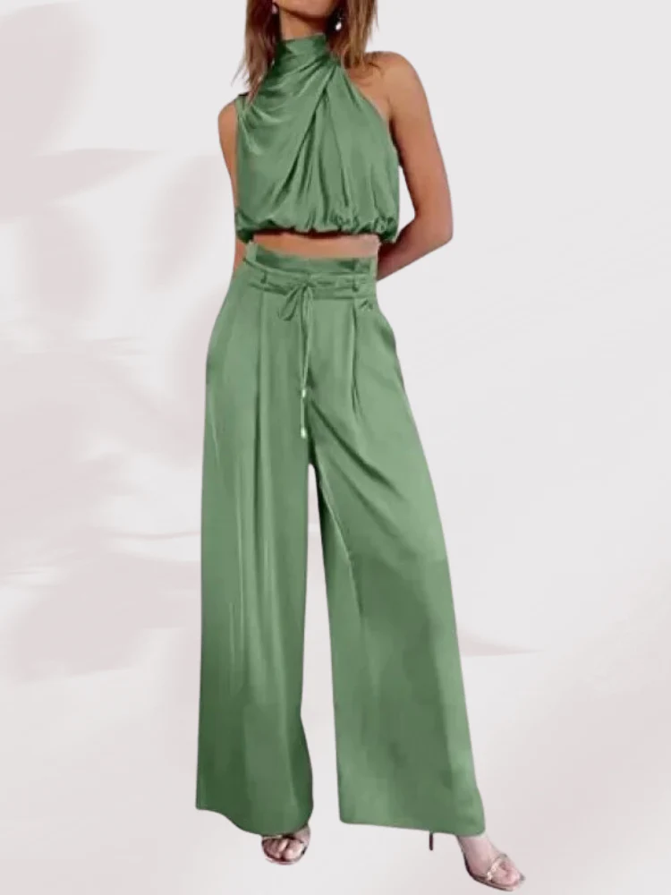 Damen Sommer Zweiteiler Set | Satin Plissee Crop Top & Hose mit weitem Bein | Luftig & Elegant