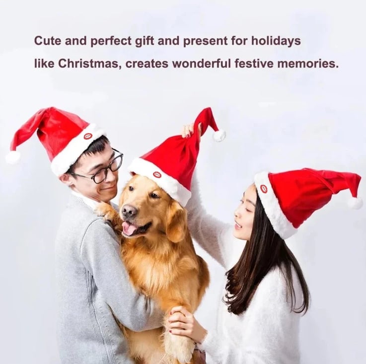 Weihnachten Santa Hut | Singend & Tanzend | Elektrisch | Plüsch Rot | Lustige Geschenkidee & Party-Accessoire