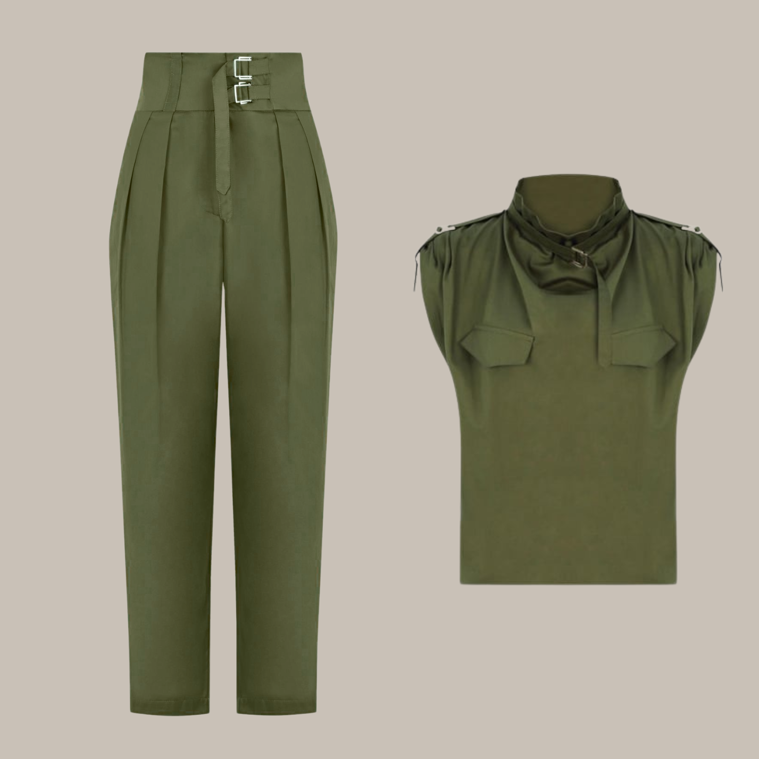 Damen Zweiteiler mit Rollkragen & Gürtel | High-Waist Hose | Eleganter Look
