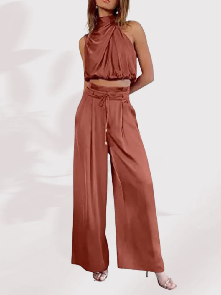 Damen Sommer Zweiteiler Set | Satin Plissee Crop Top & Hose mit weitem Bein | Luftig & Elegant