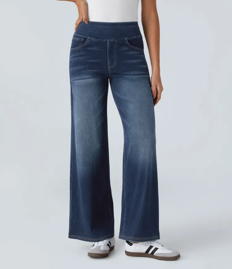 Damen Jeans mit hohem Bund | Super Stretch Stoff | Weites Bein | Bequeme Passform | Zeitloser Stil