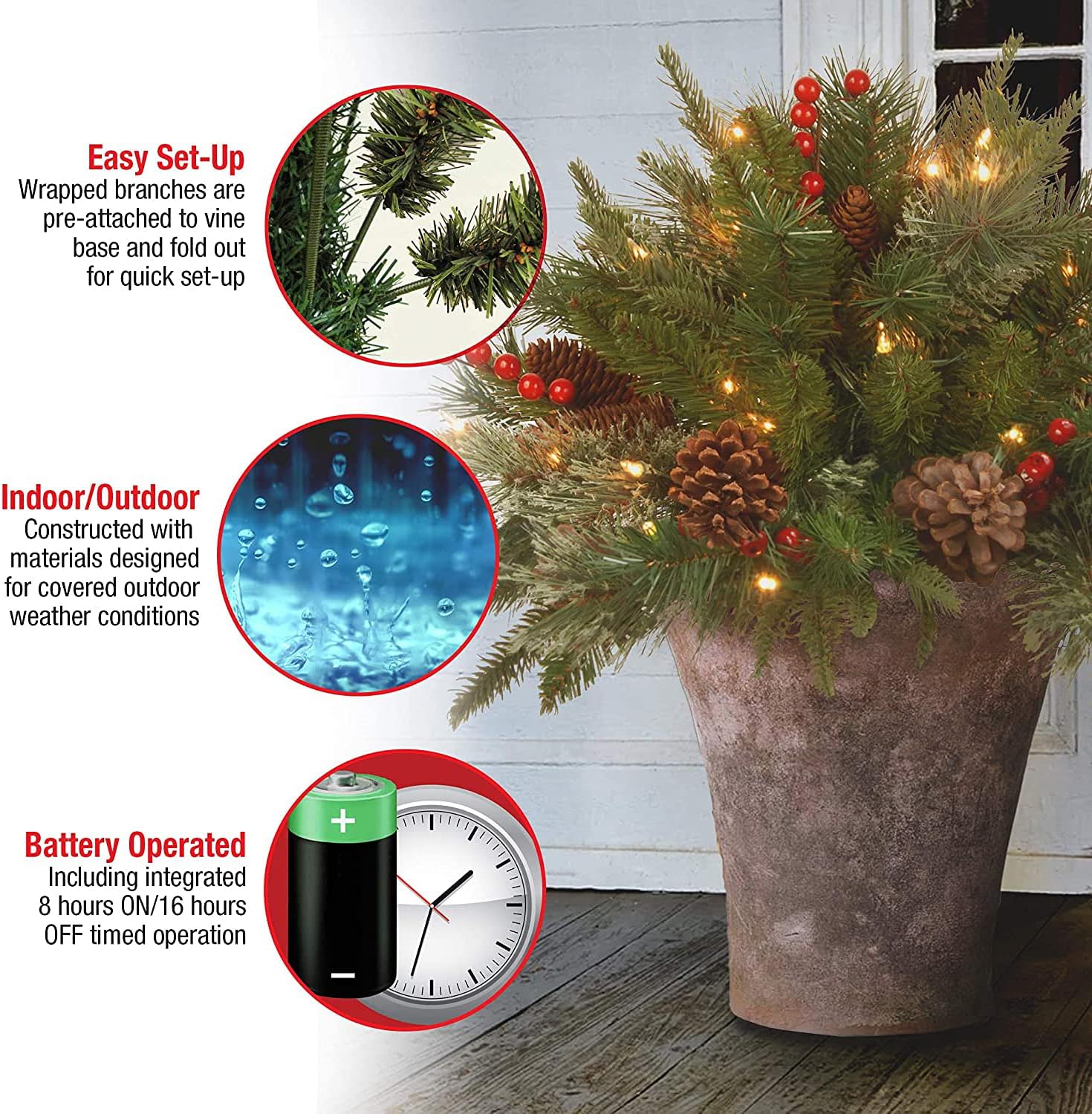 Weihnachtliche Urnen-Deko mit LED-Lichtern | Realistische Tannenzweige & Beeren | Innen- und Außenbereich