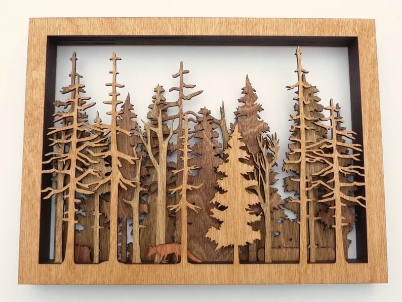 Wanddeko Waldszene mit Fuchs | 7-lagige Lasercut Holzkunst | Baltische Birke