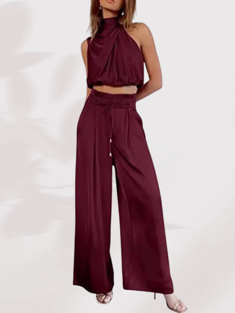 Damen Sommer Zweiteiler Set | Satin Plissee Crop Top & Hose mit weitem Bein | Luftig & Elegant