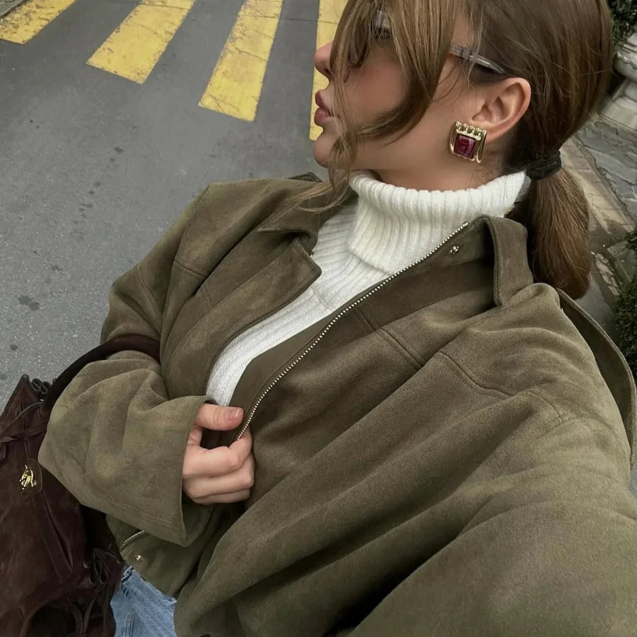 Damen Überdimensional Jacke | Weiche Wildlederoptik | Voll gefüttert | Khaki