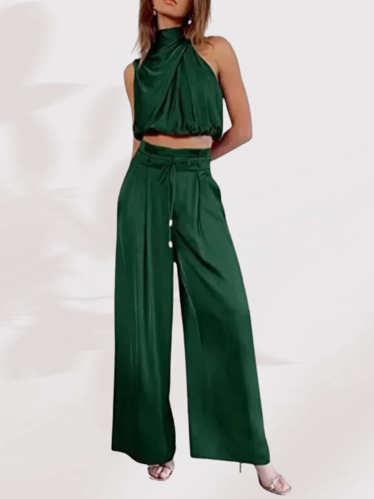 Damen Sommer Zweiteiler Set | Satin Plissee Crop Top & Hose mit weitem Bein | Luftig & Elegant