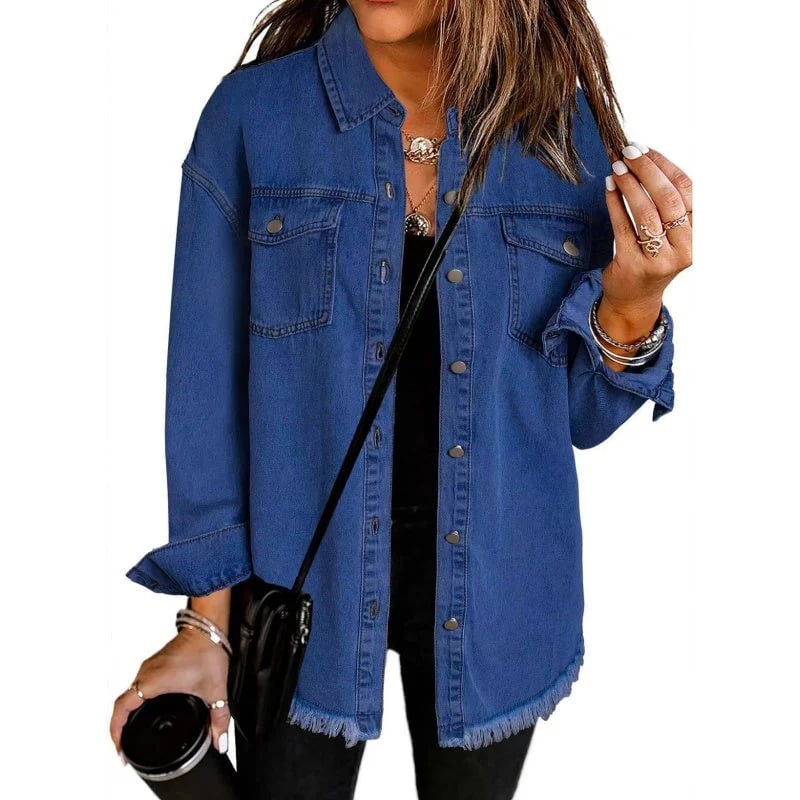 Damen Jeansjacke im Straßenstil | Design mit rohem, aufgerissenem Rand | Mehrere Taschen | Baumwollmix