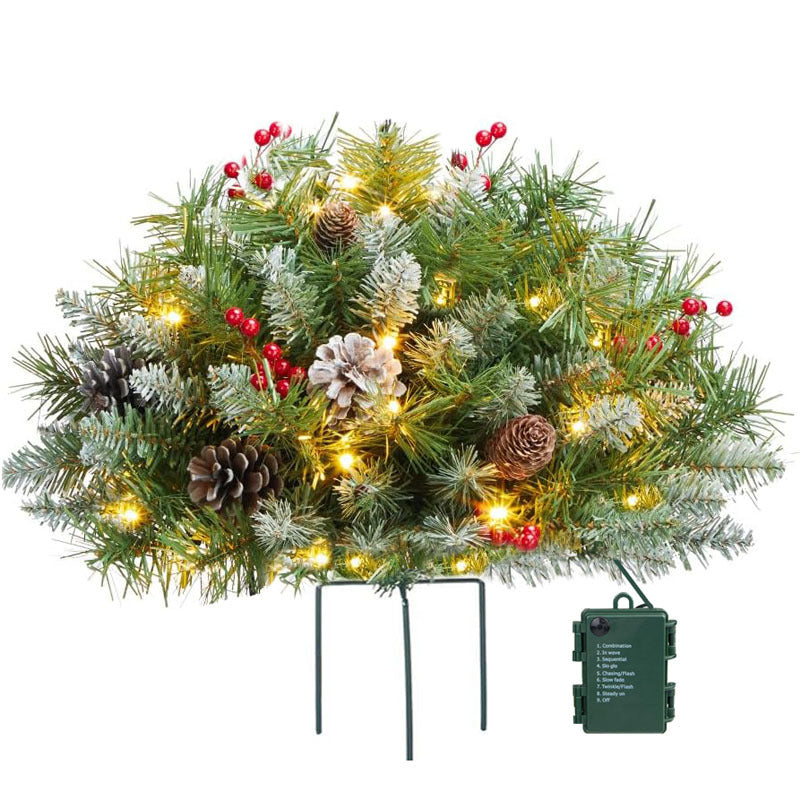 Weihnachtliche Urnen-Deko mit LED-Lichtern | Realistische Tannenzweige & Beeren | Innen- und Außenbereich