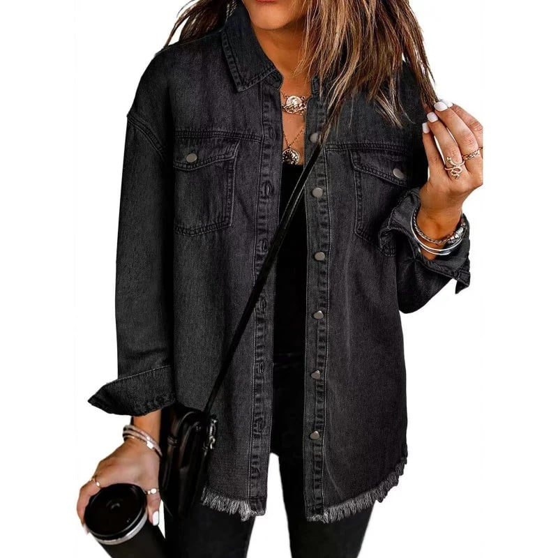 Damen Jeansjacke im Straßenstil | Design mit rohem, aufgerissenem Rand | Mehrere Taschen | Baumwollmix