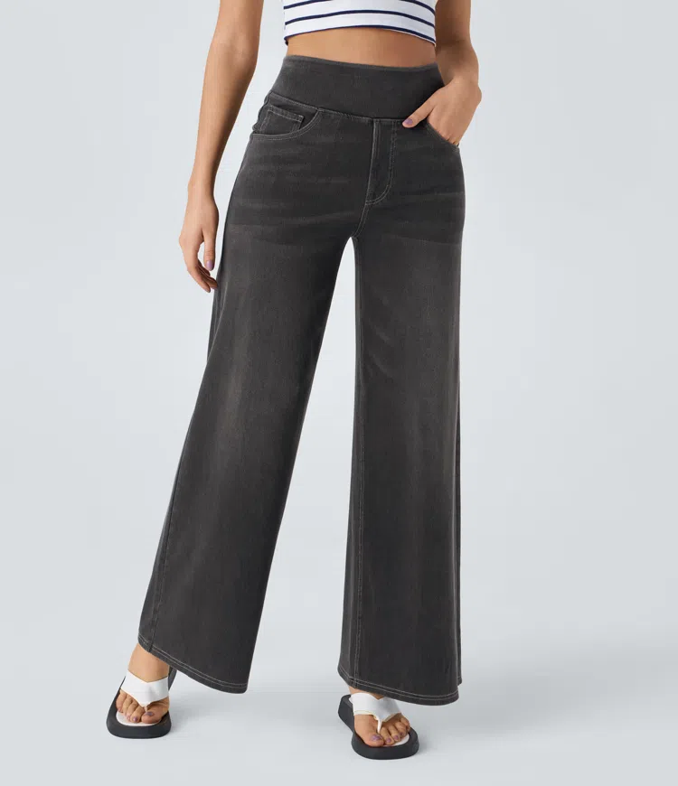 Damen Jeans mit hohem Bund | Super Stretch Stoff | Weites Bein | Bequeme Passform | Zeitloser Stil