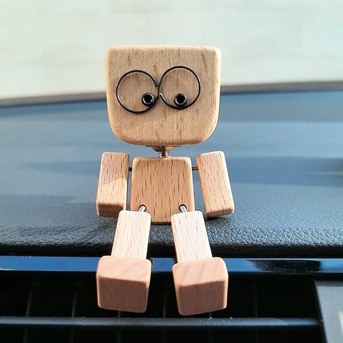 Holzfigur | Handgefertigtes Wackel-Dekoobjekt | 12 magnetische Gesichtsausdrücke | Auto & Schreibtisch