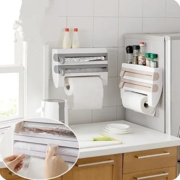 Wand-Folienspender mit Gewürzablage | 3-in-1 Küchenrollenhalter | Schneidsystem & Aufbewahrung