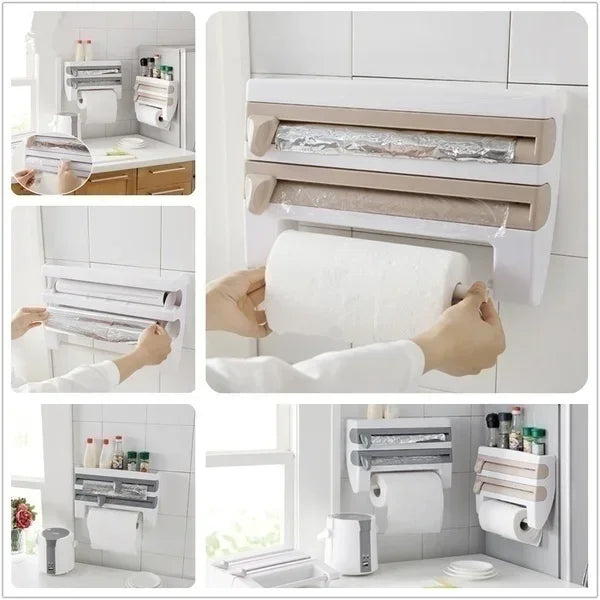 Wand-Folienspender mit Gewürzablage | 3-in-1 Küchenrollenhalter | Schneidsystem & Aufbewahrung