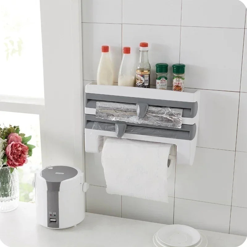 Wand-Folienspender mit Gewürzablage | 3-in-1 Küchenrollenhalter | Schneidsystem & Aufbewahrung