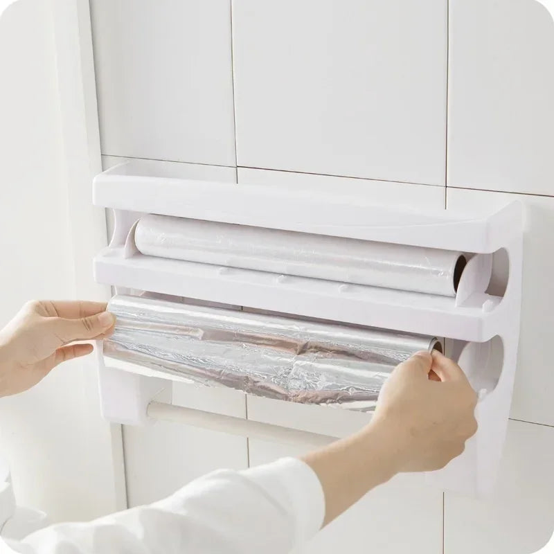 Wand-Folienspender mit Gewürzablage | 3-in-1 Küchenrollenhalter | Schneidsystem & Aufbewahrung