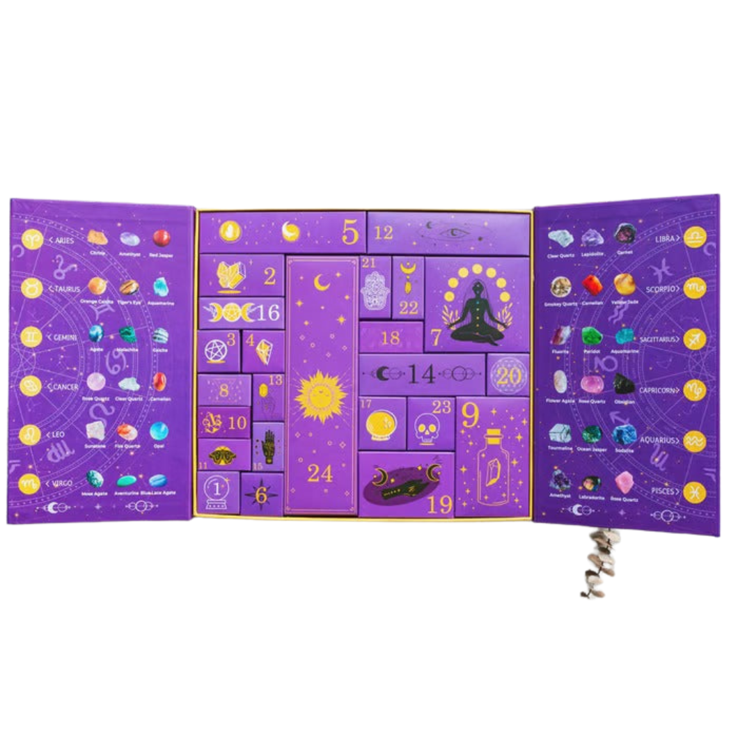 Halloween Kristall Countdown Box | 31 Nächte voller Magie & Energie | Adventskalender mit Heilsteinen & Dekofigur – Reiki Crystal Halloween Countdown Box