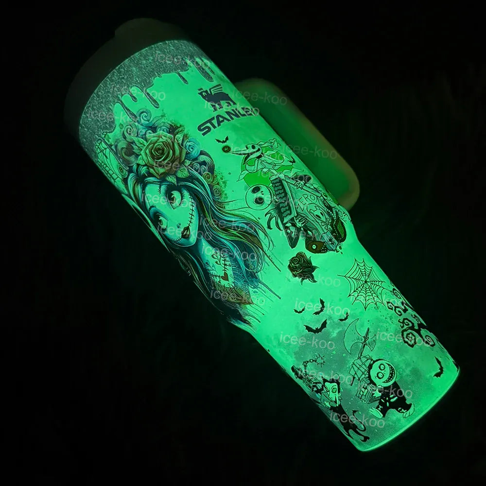 Leuchtender Tumbler Jack & Sally | Leuchtender Becher 1200 ml | Isoliert & Doppelwandig | Halloween & Weihnachts Edition