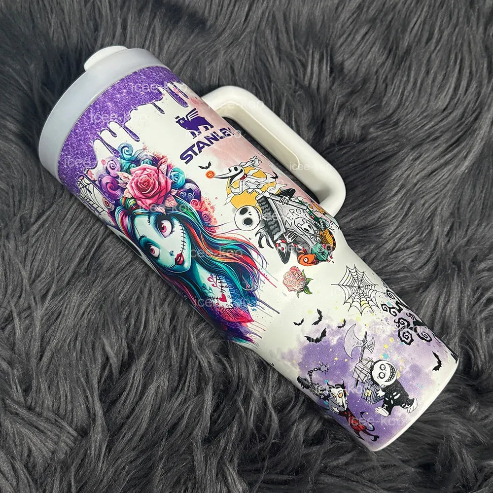 Leuchtender Tumbler Jack & Sally | Leuchtender Becher 1200 ml | Isoliert & Doppelwandig | Halloween & Weihnachts Edition