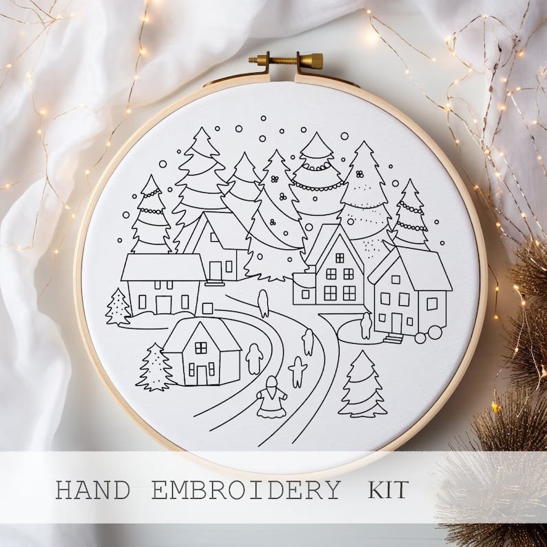 Stickset Winter Schneedorf | Komplettset mit Stickrahmen, Garn & Anleitung | Anfängerfreundlich