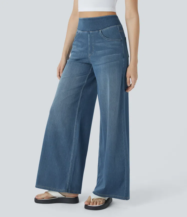 Damen Jeans mit hohem Bund | Super Stretch Stoff | Weites Bein | Bequeme Passform | Zeitloser Stil