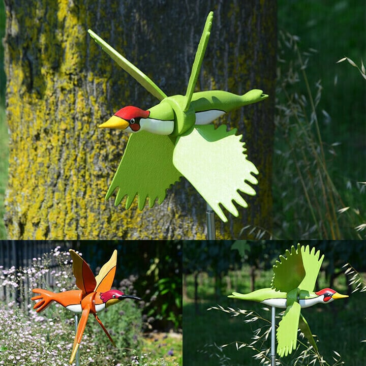 Handgefertigtes Windspiel Vogel-Windmühle | Gartendeko mit Edelstahl-Stab | Verschiedene Designs