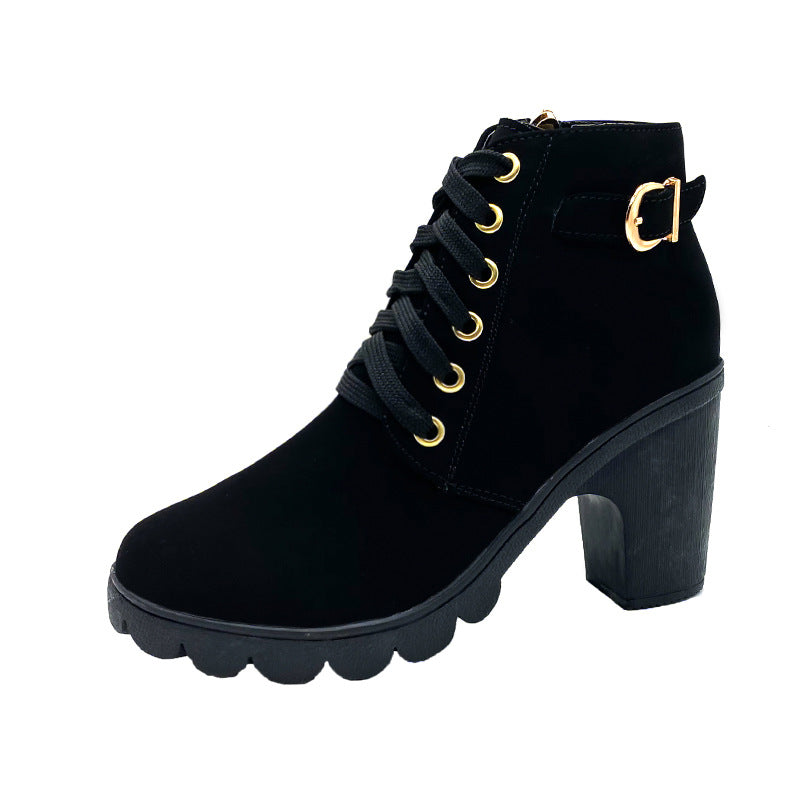 Damen Stiefeletten mit Blockabsatz | Warm Gefüttert | Rutschfeste Sohle | Goldene Details