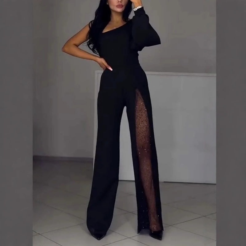 Damen Ein-Schulter Jumpsuit | Glitzernde Netzdetails | Figurbetonte Passform | Eleganter Abendlook
