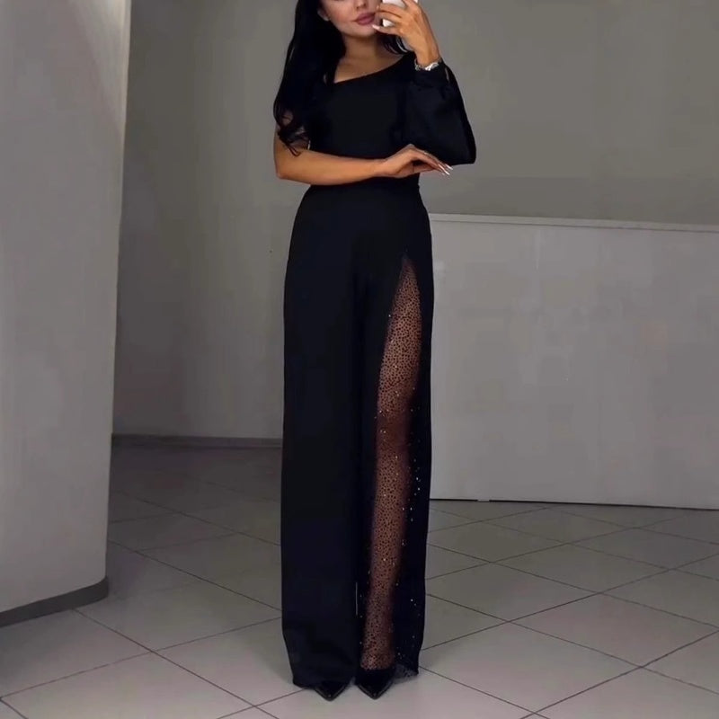 Damen Ein-Schulter Jumpsuit | Glitzernde Netzdetails | Figurbetonte Passform | Eleganter Abendlook