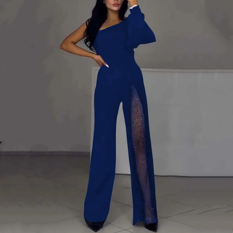 Damen Ein-Schulter Jumpsuit | Glitzernde Netzdetails | Figurbetonte Passform | Eleganter Abendlook