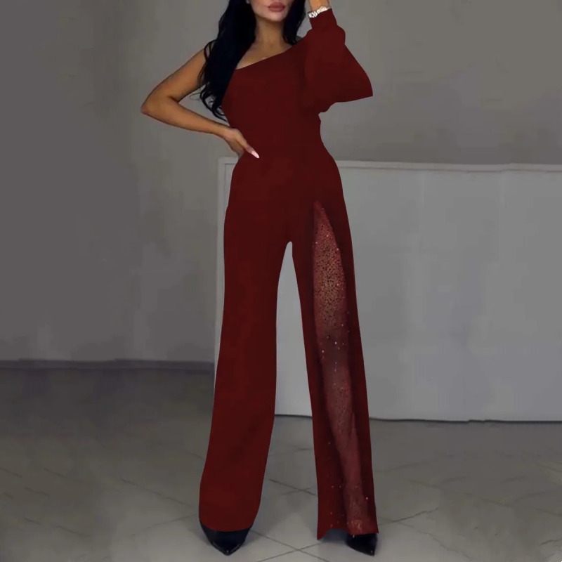 Damen Ein-Schulter Jumpsuit | Glitzernde Netzdetails | Figurbetonte Passform | Eleganter Abendlook