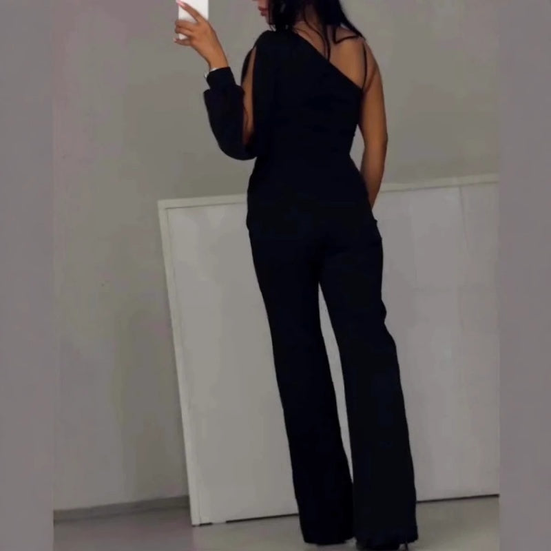 Damen Ein-Schulter Jumpsuit | Glitzernde Netzdetails | Figurbetonte Passform | Eleganter Abendlook